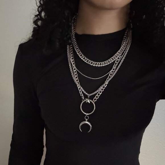 Witchy Moon Layered Chain Necklace Silver Goth - Picture 6 of 6